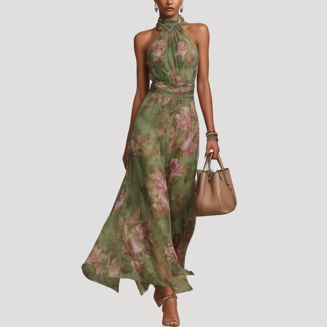 Robe longue invitée mariage fleurie dos nu col halter fluide