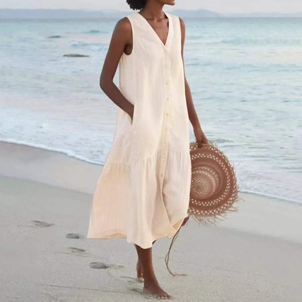 Robe midi femme col V sans manches boutonnée coupe ample poches