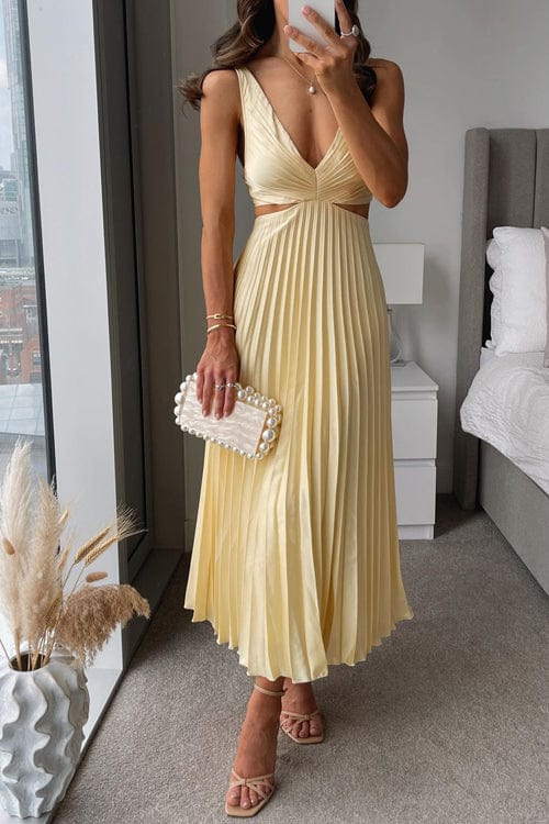 Robe midi plissée femme col V sans manches taille cintrée élégante