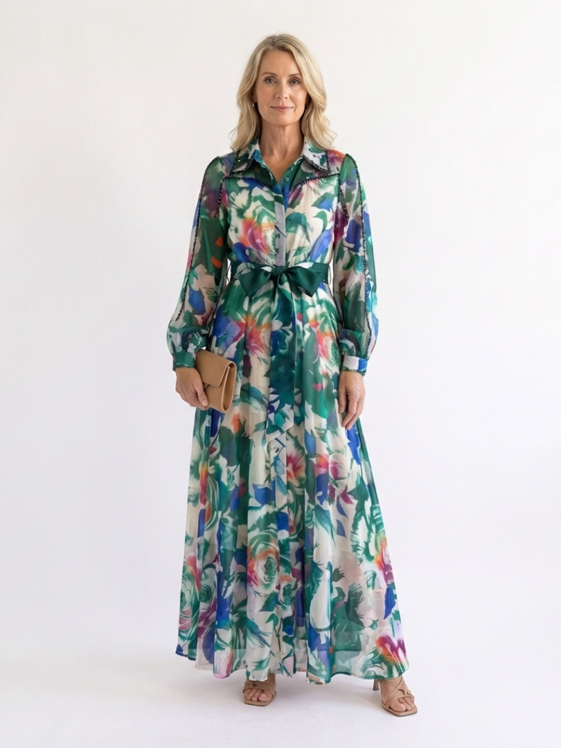 Robe longue femme imprimé floral col chemise manches longues ceinturée fluide chiffon