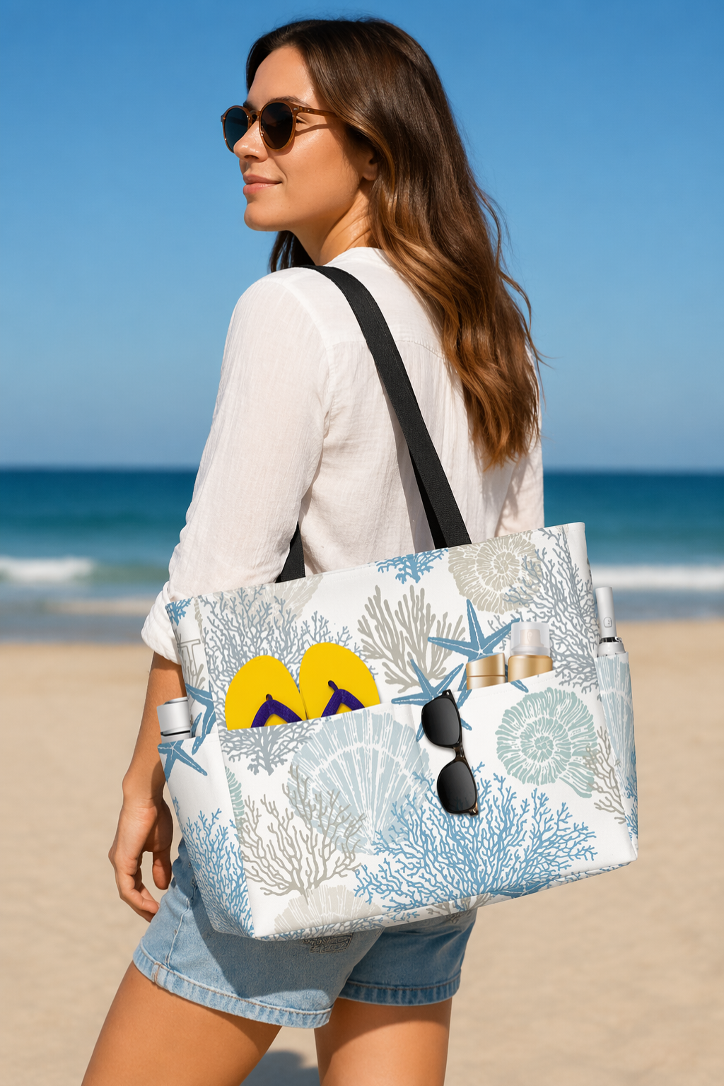 Sac cabas femme grand format imprimé corail marin poches fermeture zippée