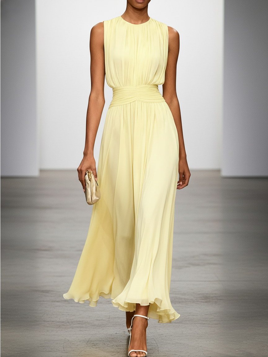 Robe longue mousseline sans manches col rond invitée mariage