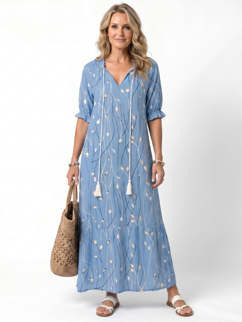 Robe longue femme col V manches courtes imprimé floral fluide bohème