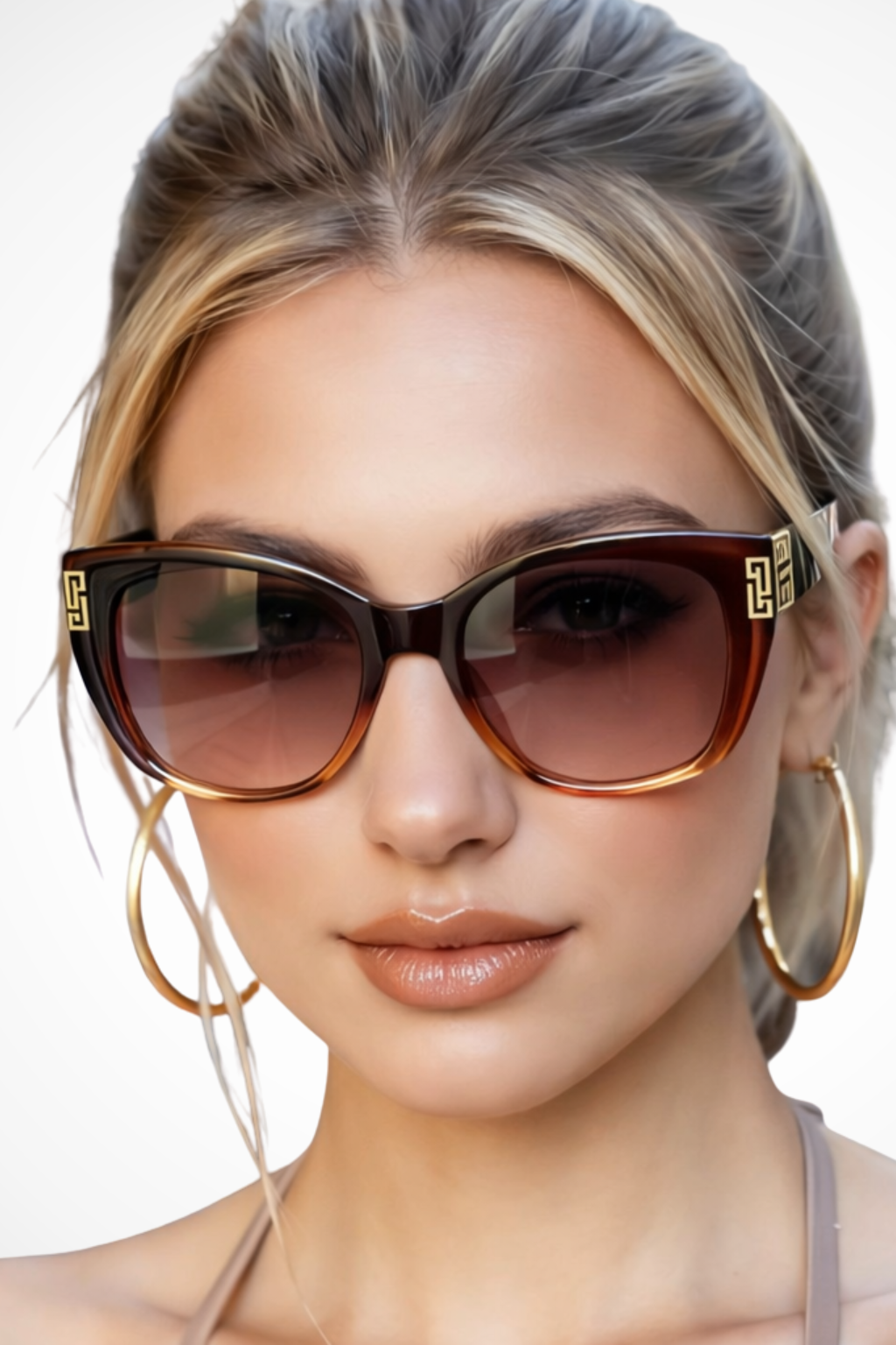 Lunettes de soleil femme œil de chat monture écaille verres dégradés détails dorés UV400