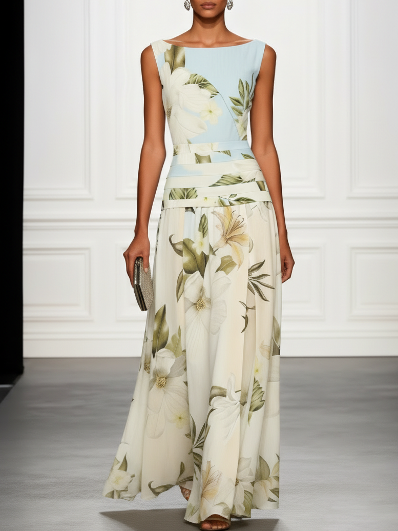 Robe longue fleurie invitée mariage col bateau sans manches
