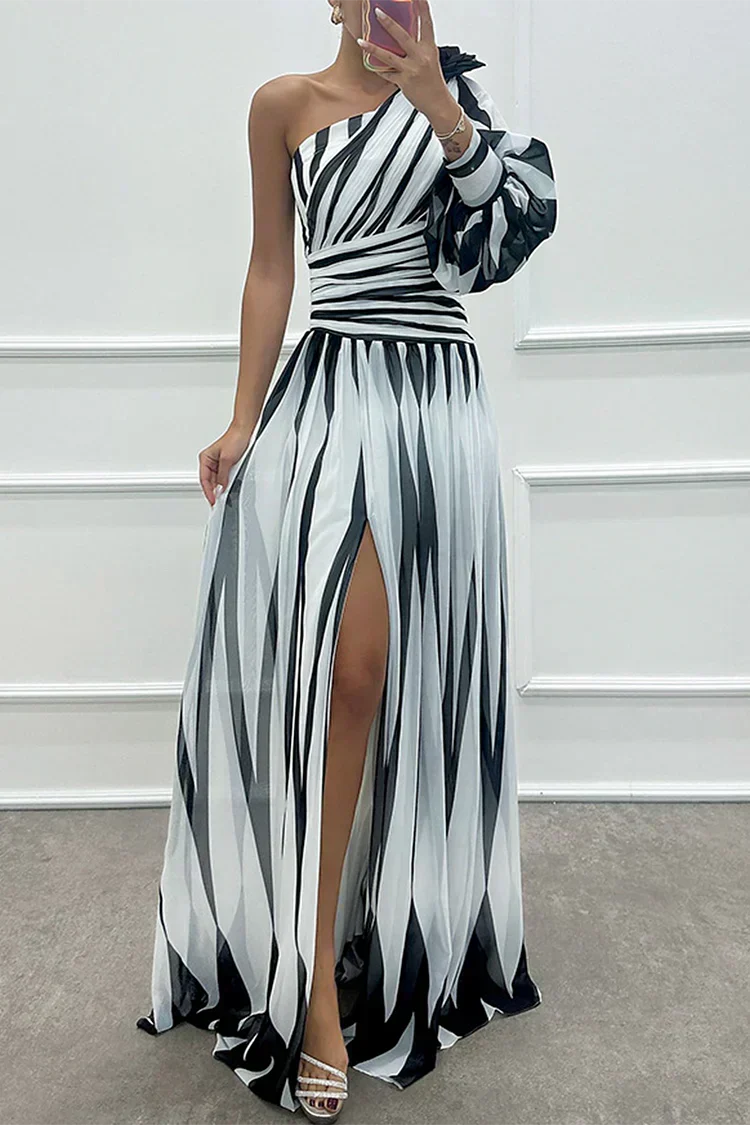 Robe longue invitée mariage asymétrique rayures fente manche bouffante