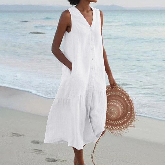 Robe midi femme en lin sans manches boutonnée volant bas coupe ample