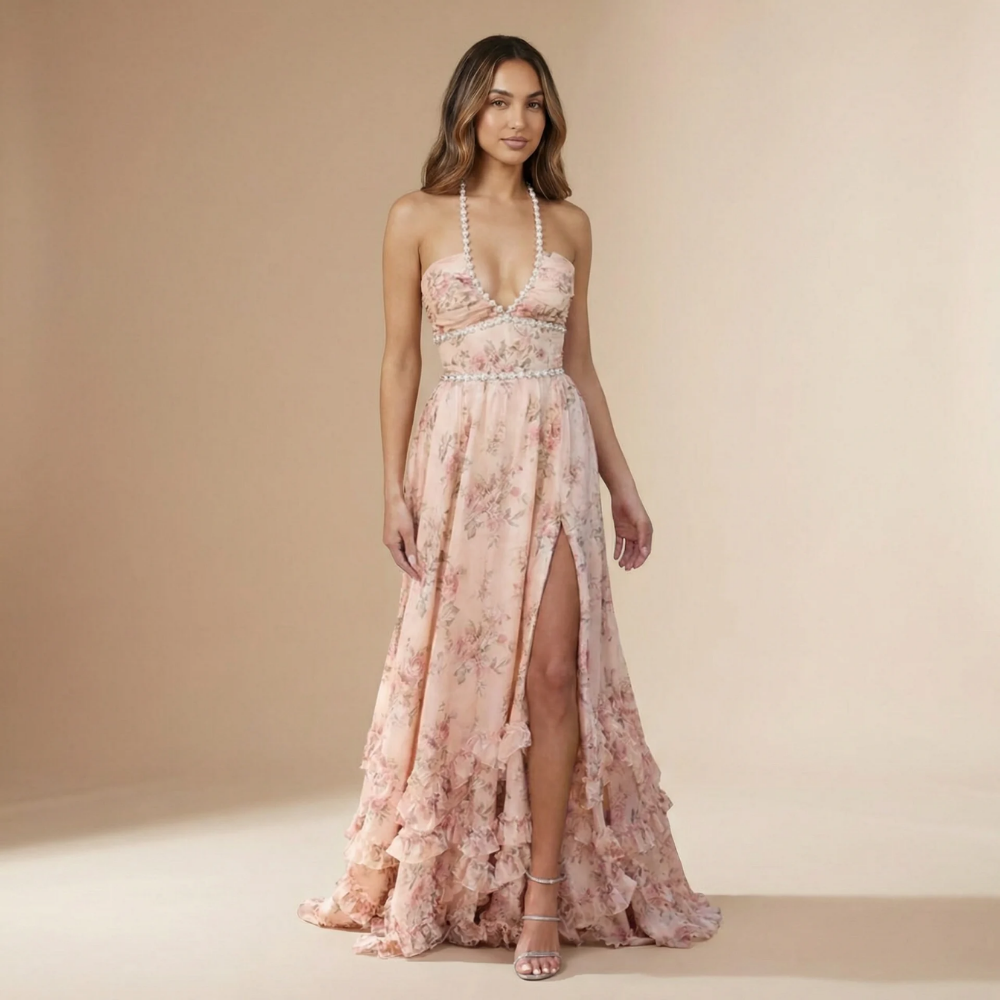 Robe longue invitée mariage dos nu à fleurs avec fente et volants