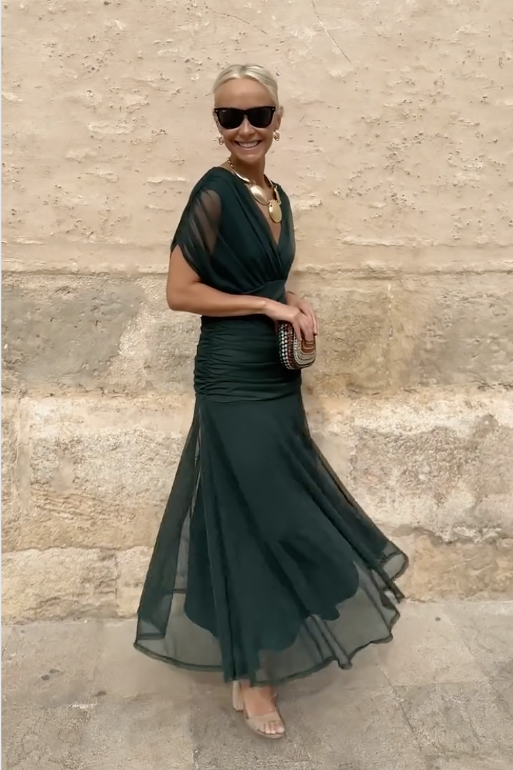 Robe longue femme col cache-cœur drapée en mousseline fluide élégante