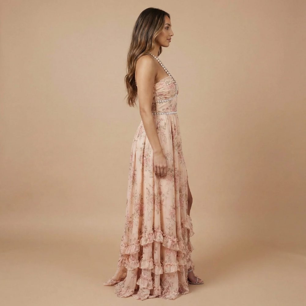 Robe longue invitée mariage dos nu à fleurs avec fente et volants