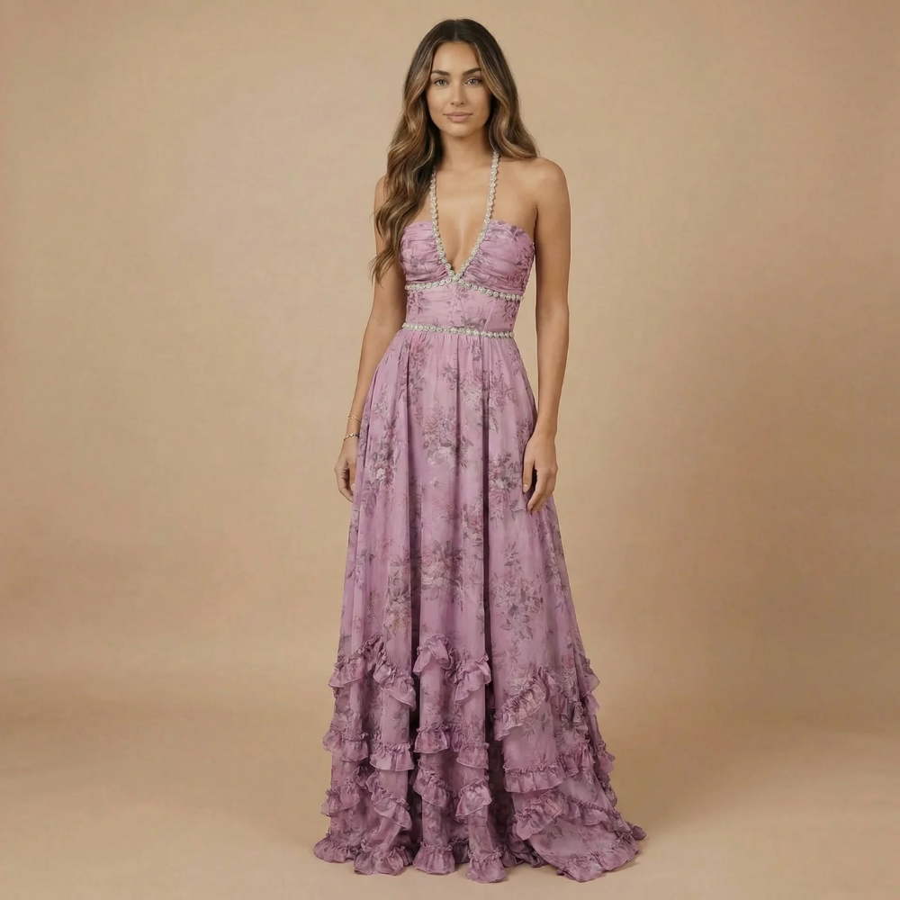 Robe longue invitée mariage dos nu à fleurs avec fente et volants