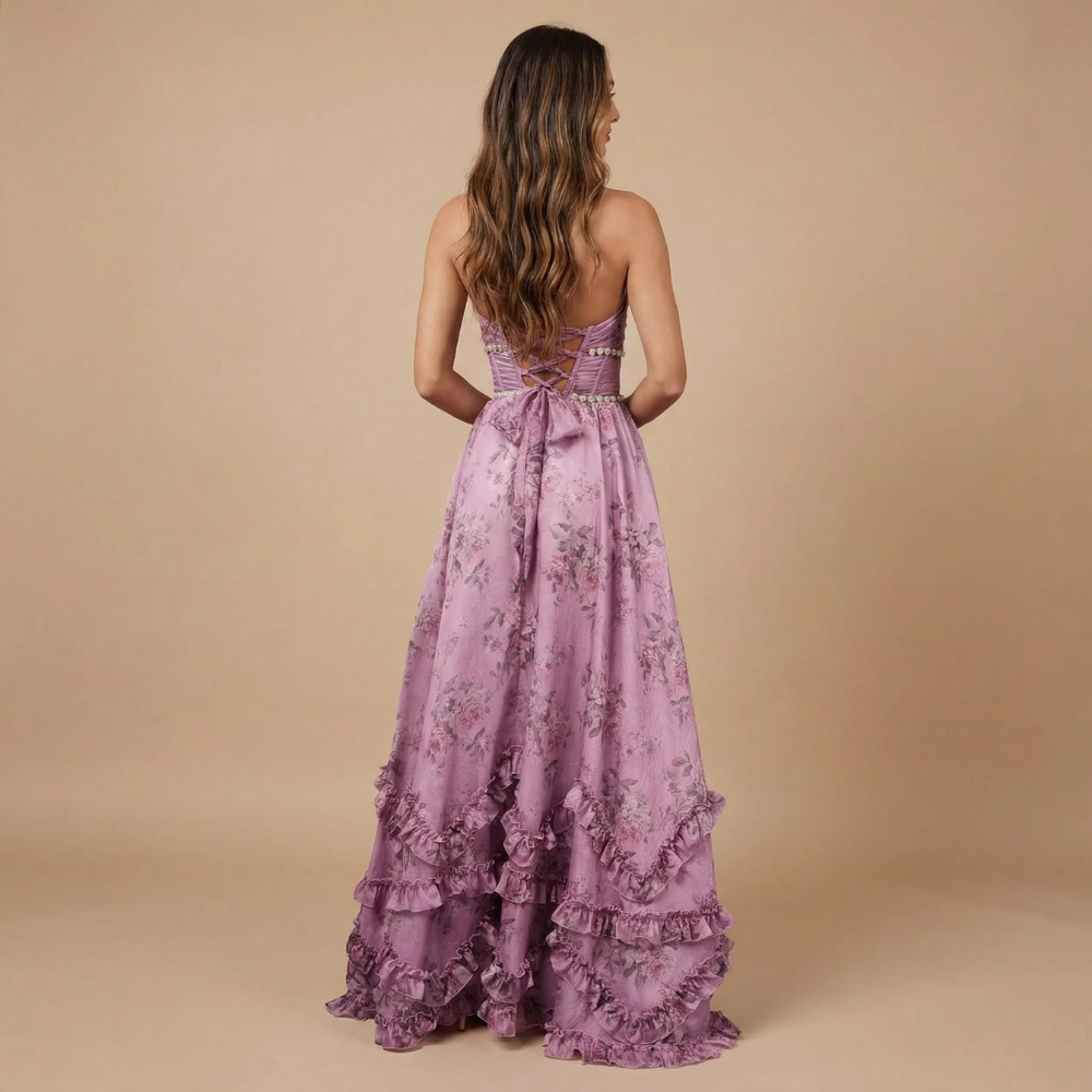 Robe longue invitée mariage dos nu à fleurs avec fente et volants
