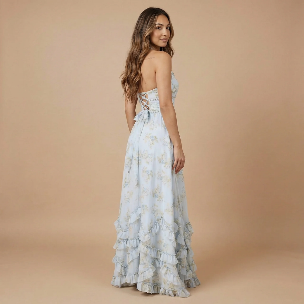 Robe longue invitée mariage dos nu à fleurs avec fente et volants