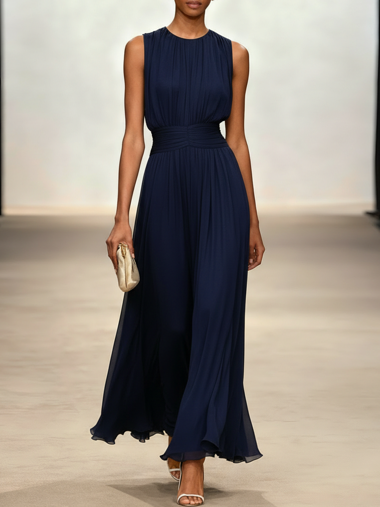Robe longue mousseline sans manches col rond invitée mariage