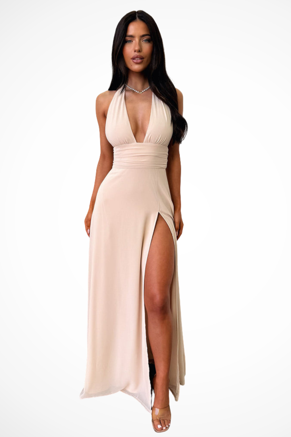 Robe longue femme dos nu col halter fente latérale élégante soirée cérémonie
