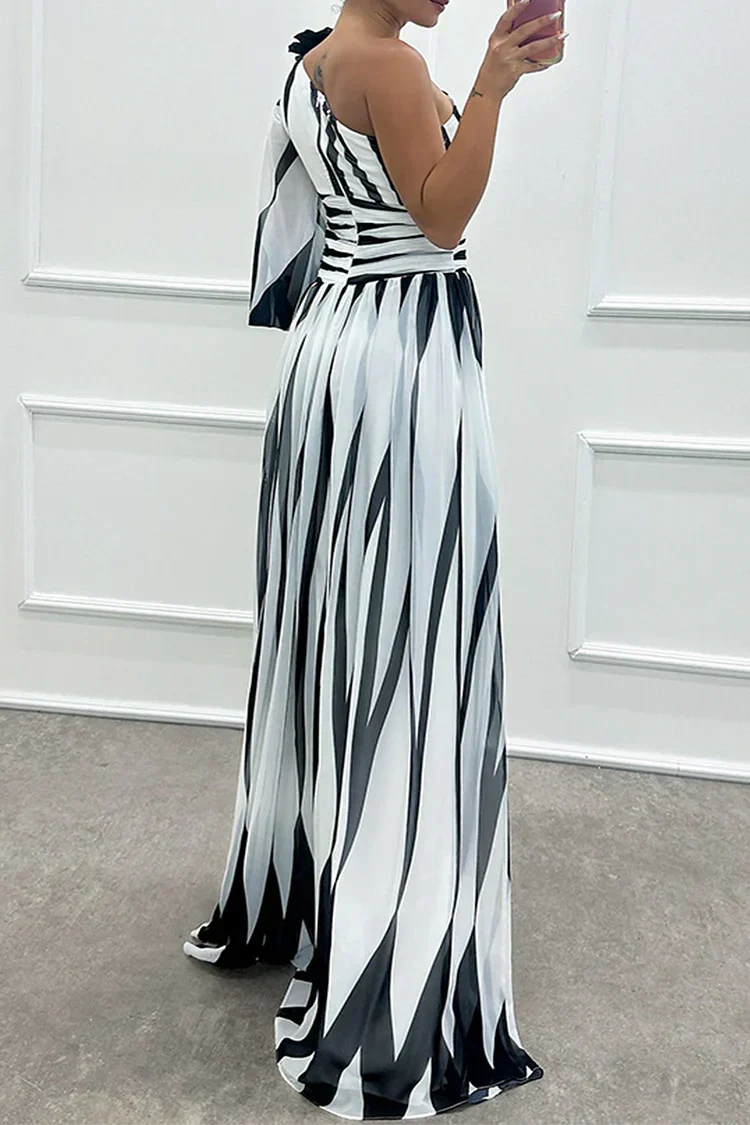 Robe longue invitée mariage asymétrique rayures fente manche bouffante