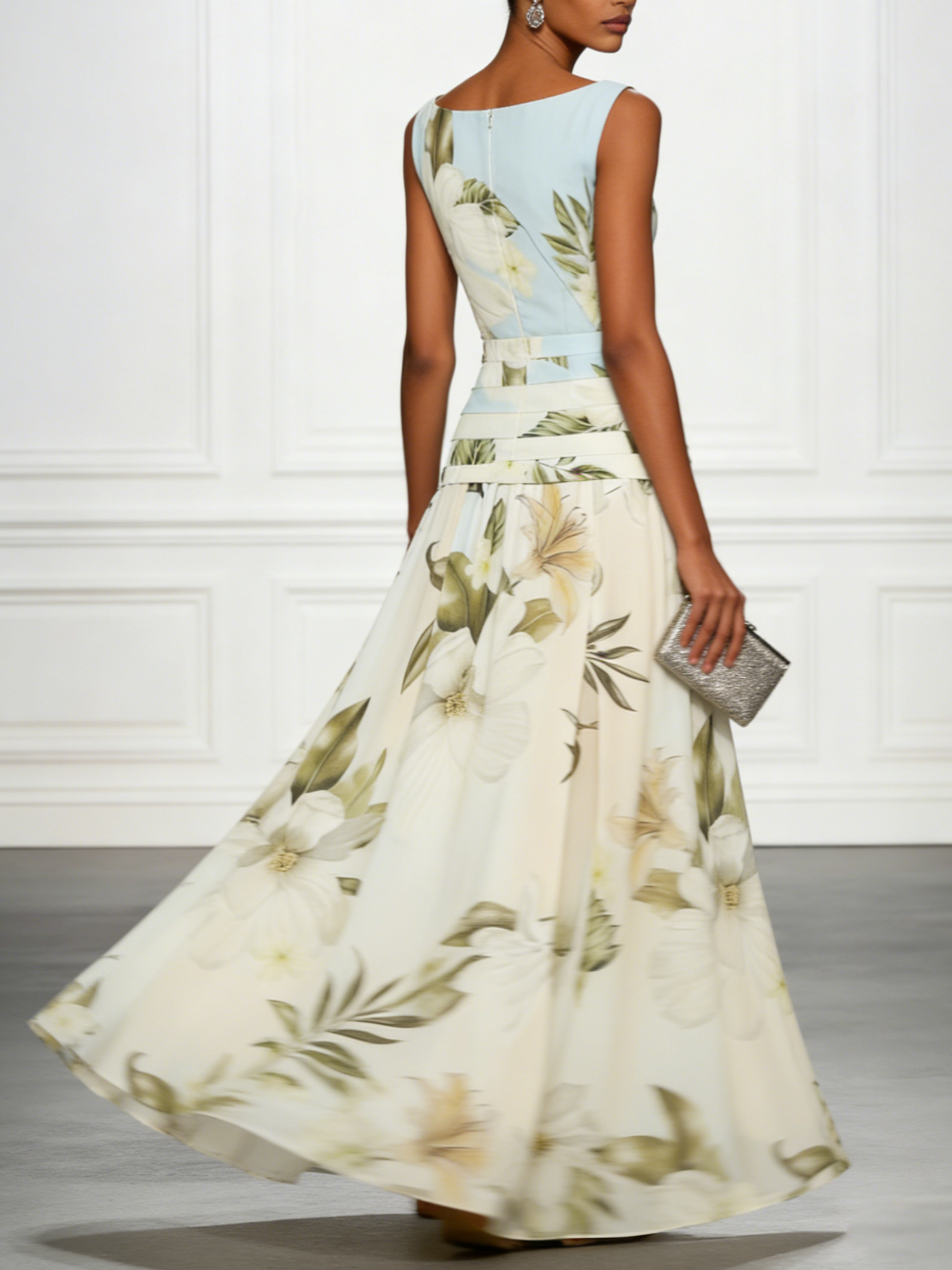 Robe longue fleurie invitée mariage col bateau sans manches