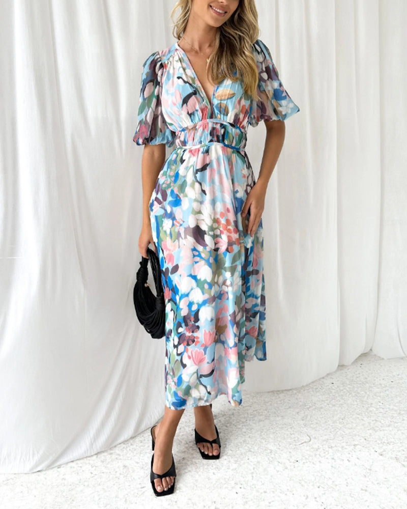 Robe bohème longue femme imprimé floral col V manches longues taille empire