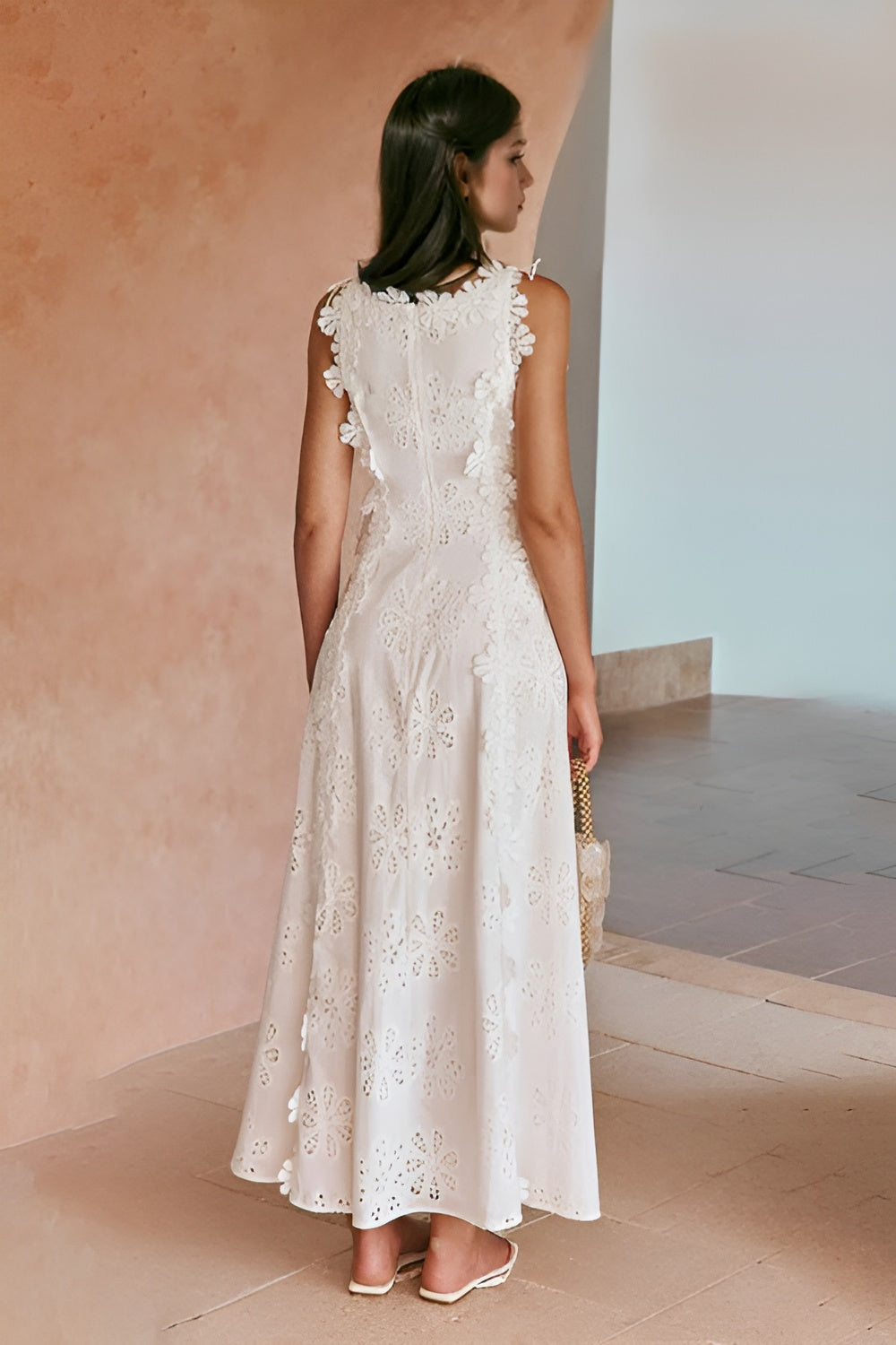 Robe longue femme broderie anglaise sans manches dos lacé cérémonie été