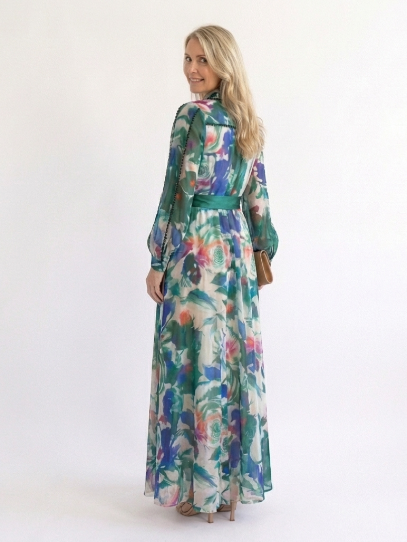 Robe longue femme imprimé floral col chemise manches longues ceinturée fluide chiffon