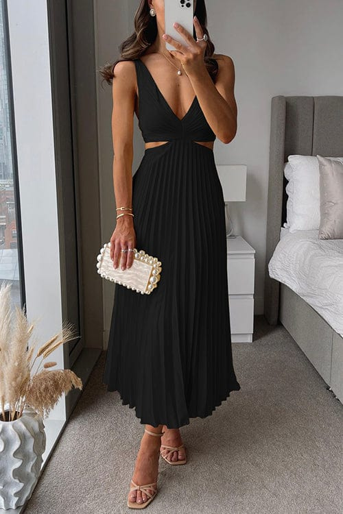 Robe midi plissée femme col V sans manches taille cintrée élégante