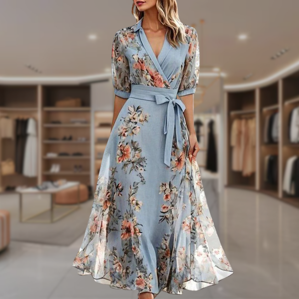Robe longue invitée mariage fleurie portefeuille col V ceinturée manches 3/4
