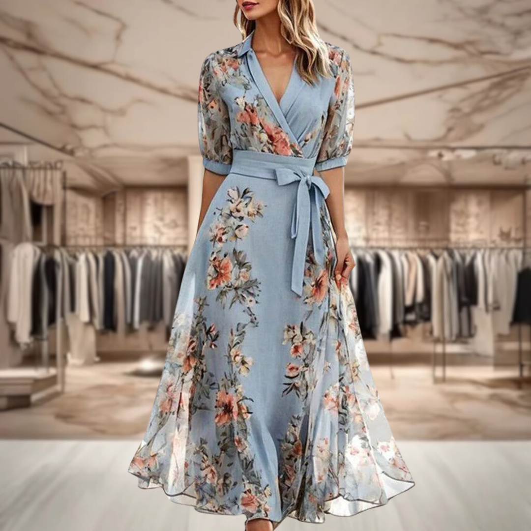 Robe longue invitée mariage fleurie portefeuille col V ceinturée manches 3/4