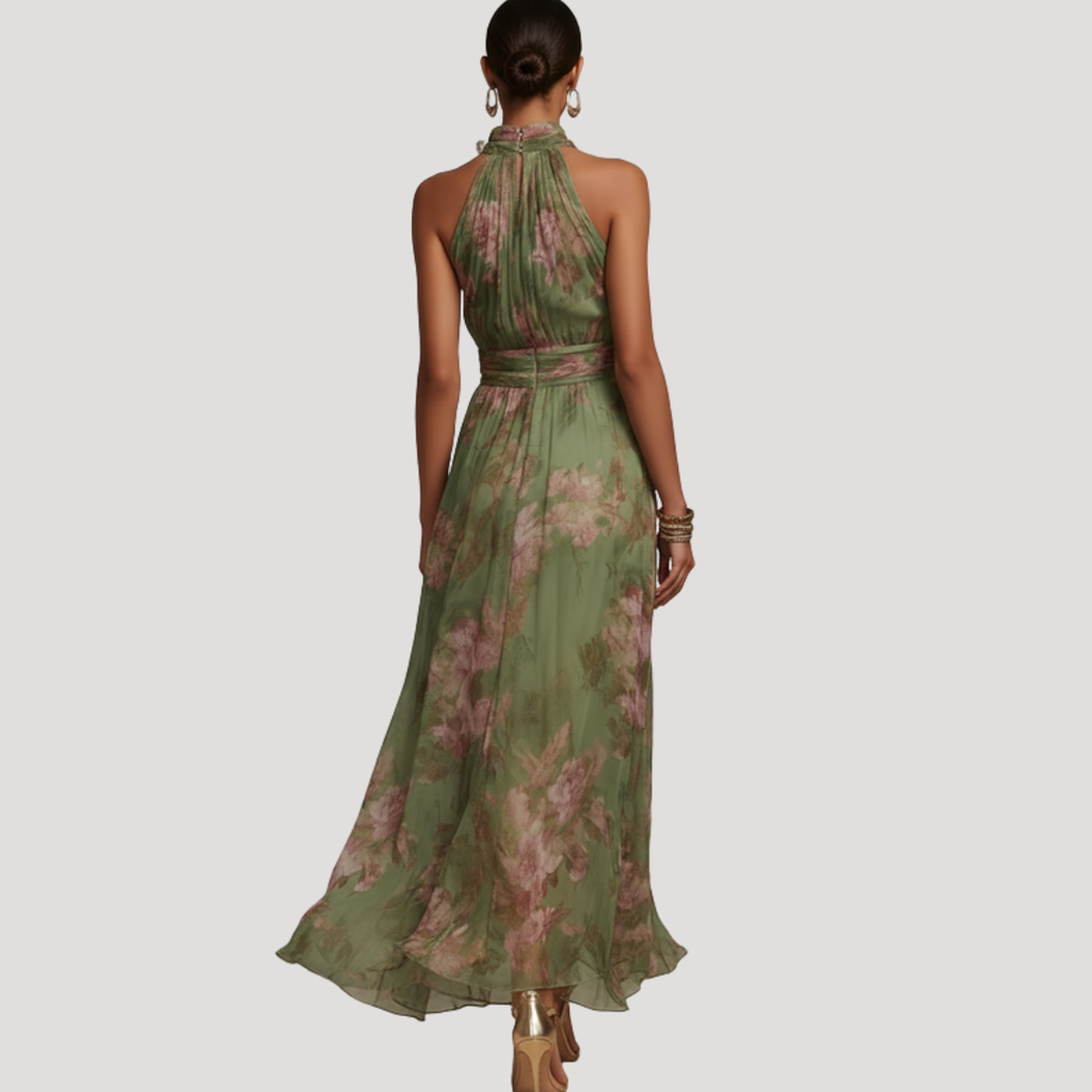 Robe longue invitée mariage fleurie dos nu col halter fluide