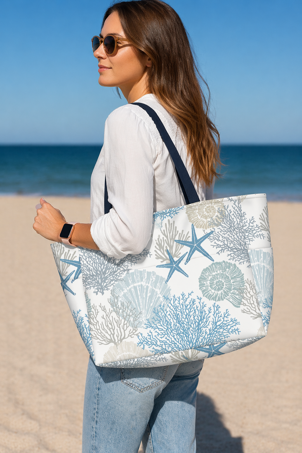Sac cabas femme grand format imprimé corail marin poches fermeture zippée