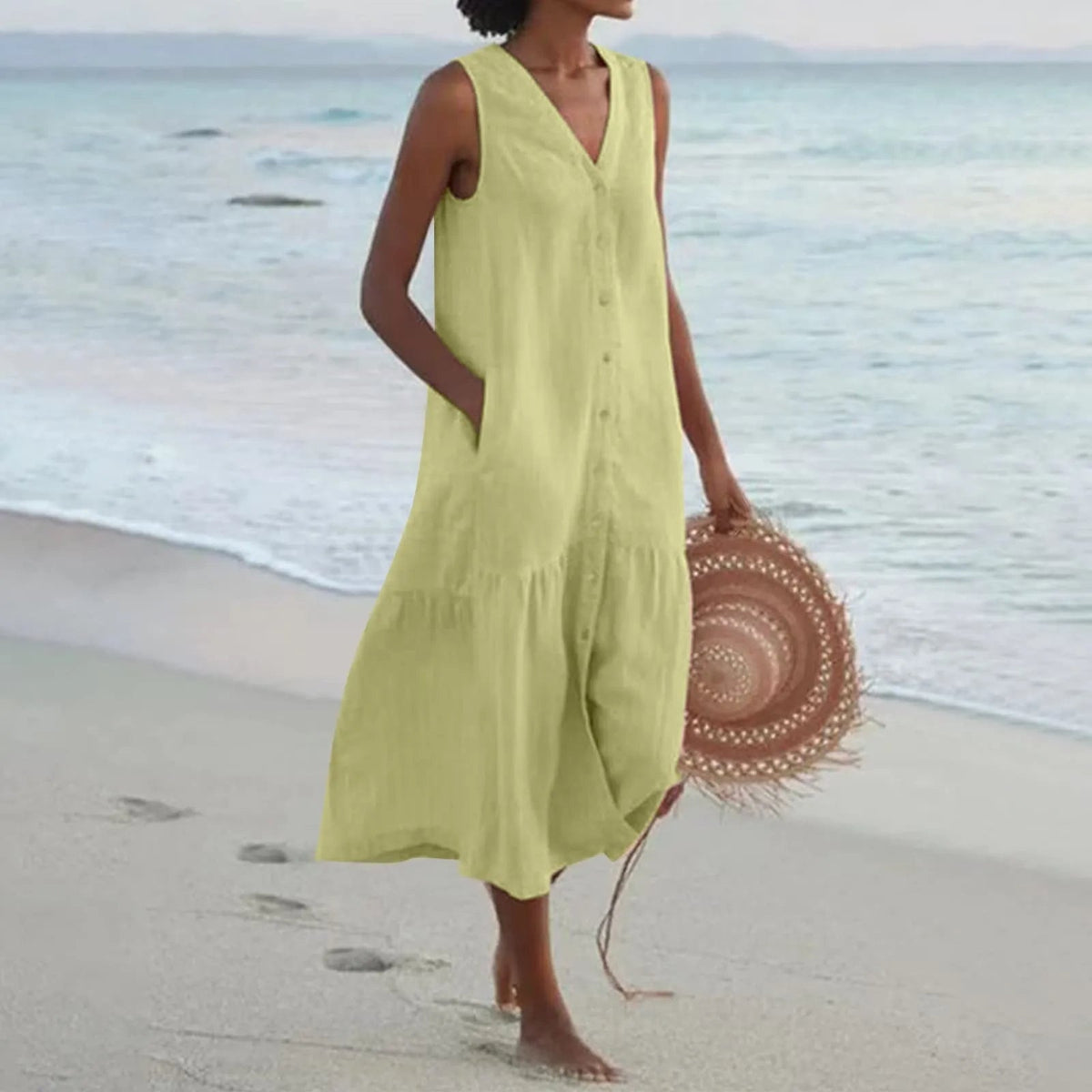 Robe midi femme col V sans manches boutonnée coupe ample poches