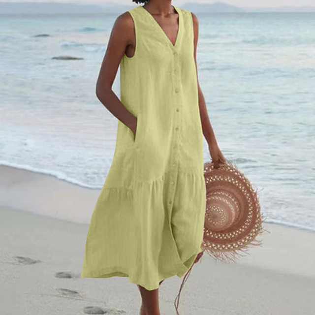 Robe midi femme en lin sans manches boutonnée volant bas coupe ample
