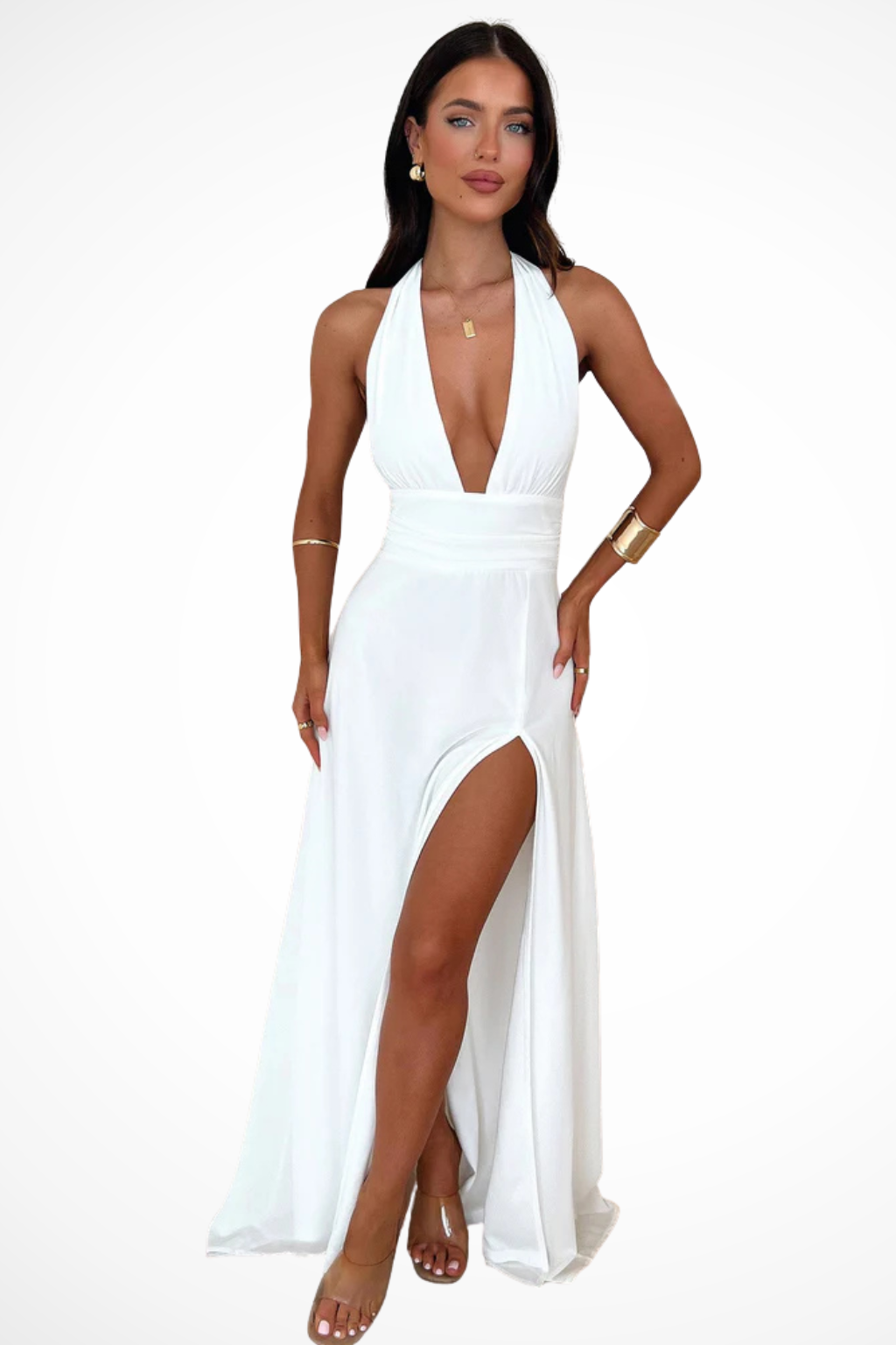 Robe longue femme dos nu col halter fente latérale élégante soirée cérémonie