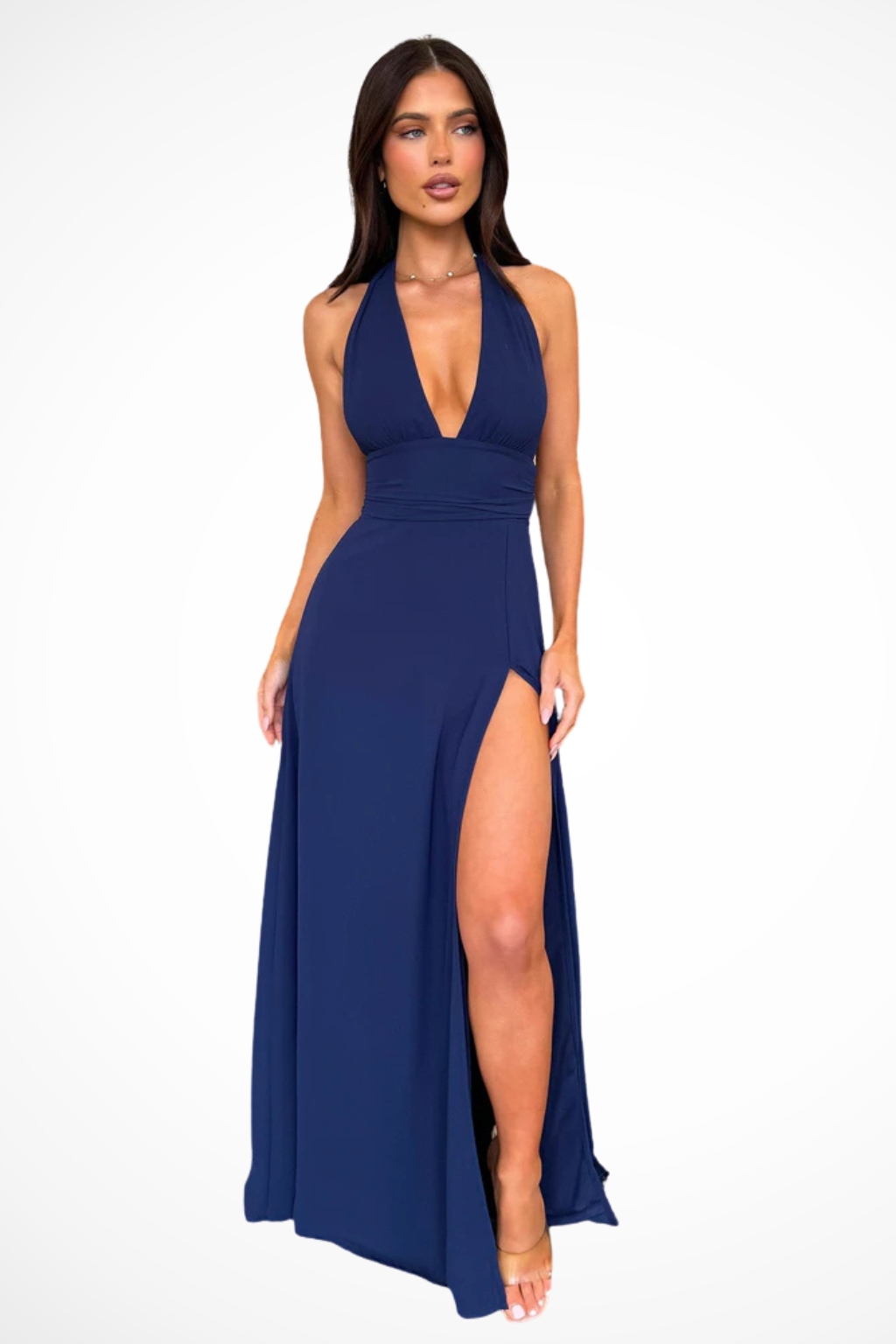 Robe longue femme dos nu col halter fente latérale élégante soirée cérémonie
