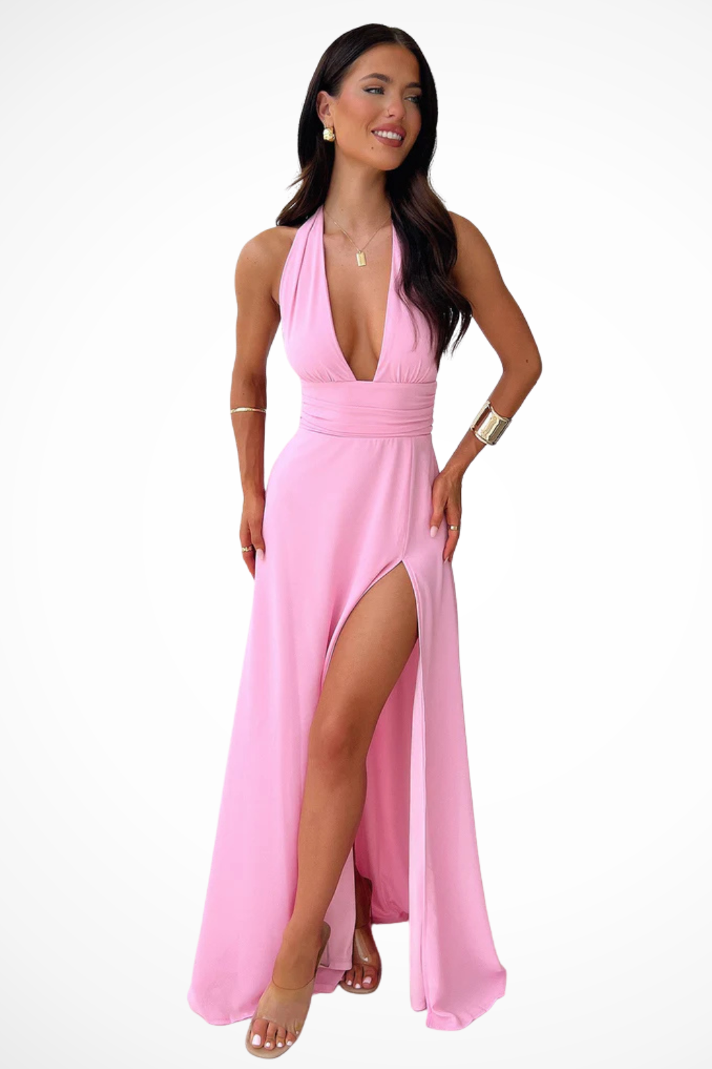 Robe longue femme dos nu col halter fente latérale élégante soirée cérémonie