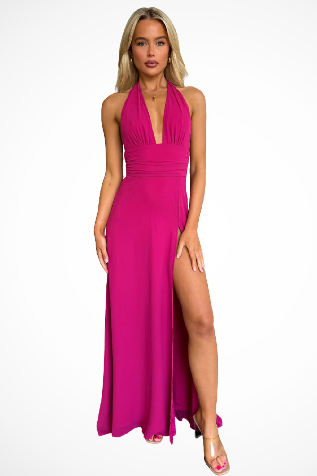 Robe longue femme dos nu col halter fente latérale élégante soirée cérémonie
