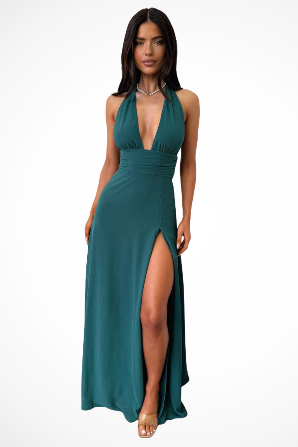 Robe longue femme dos nu col halter fente latérale élégante soirée cérémonie