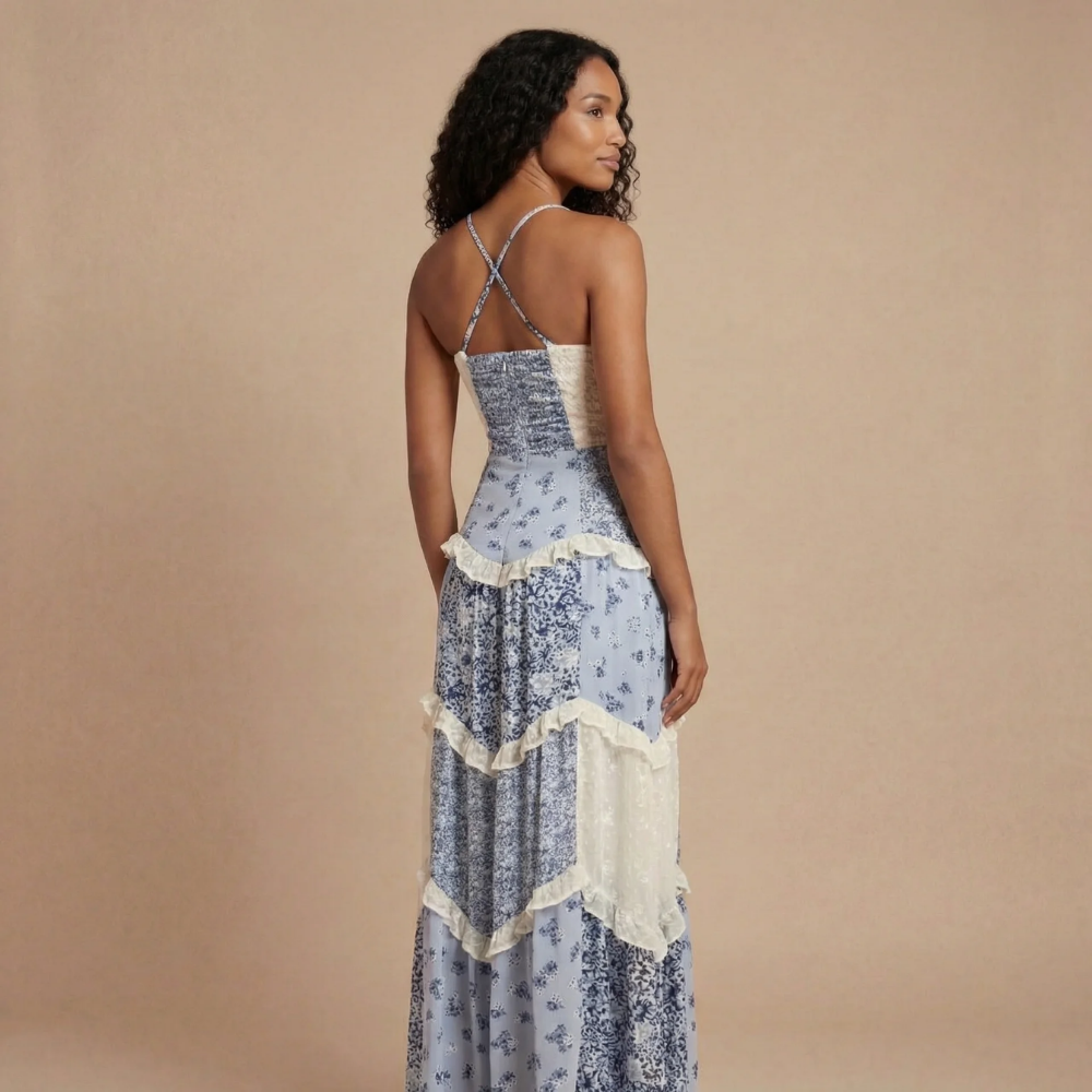 Robe longue invitée mariage à fleurs col V avec volants et fines bretelles