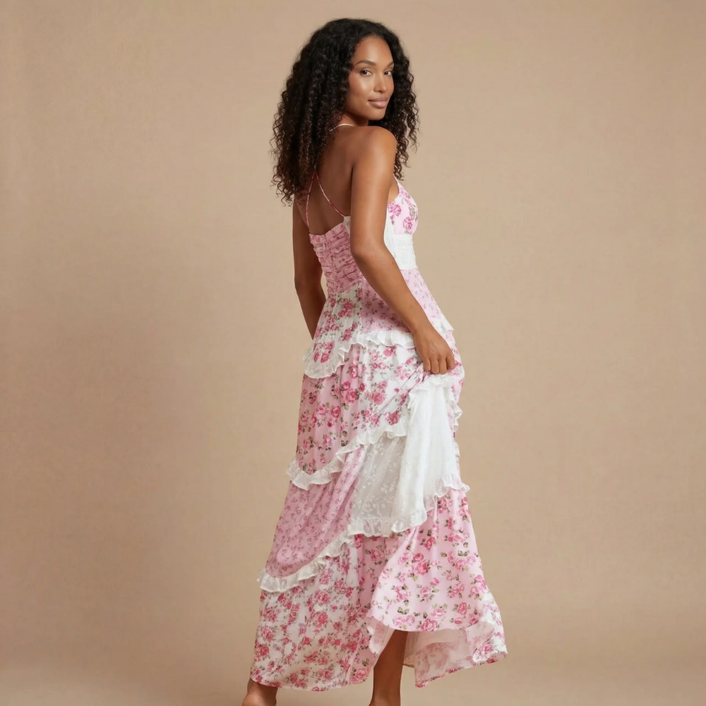 Robe longue invitée mariage à fleurs col V avec volants et fines bretelles