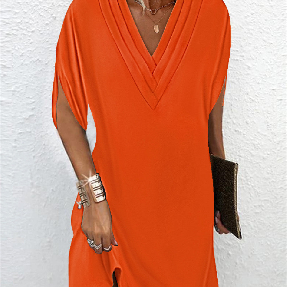 Robe courte femme col V coupe ample à manches fendues unie