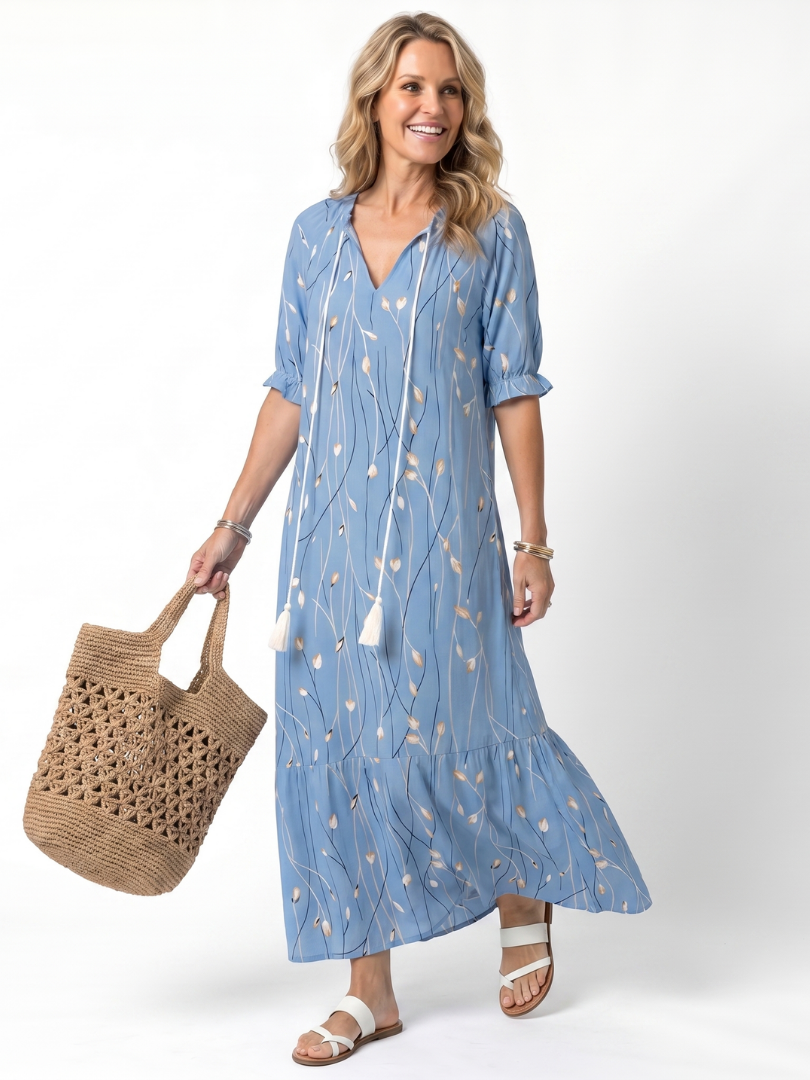 Robe longue femme col V manches courtes imprimé floral fluide bohème