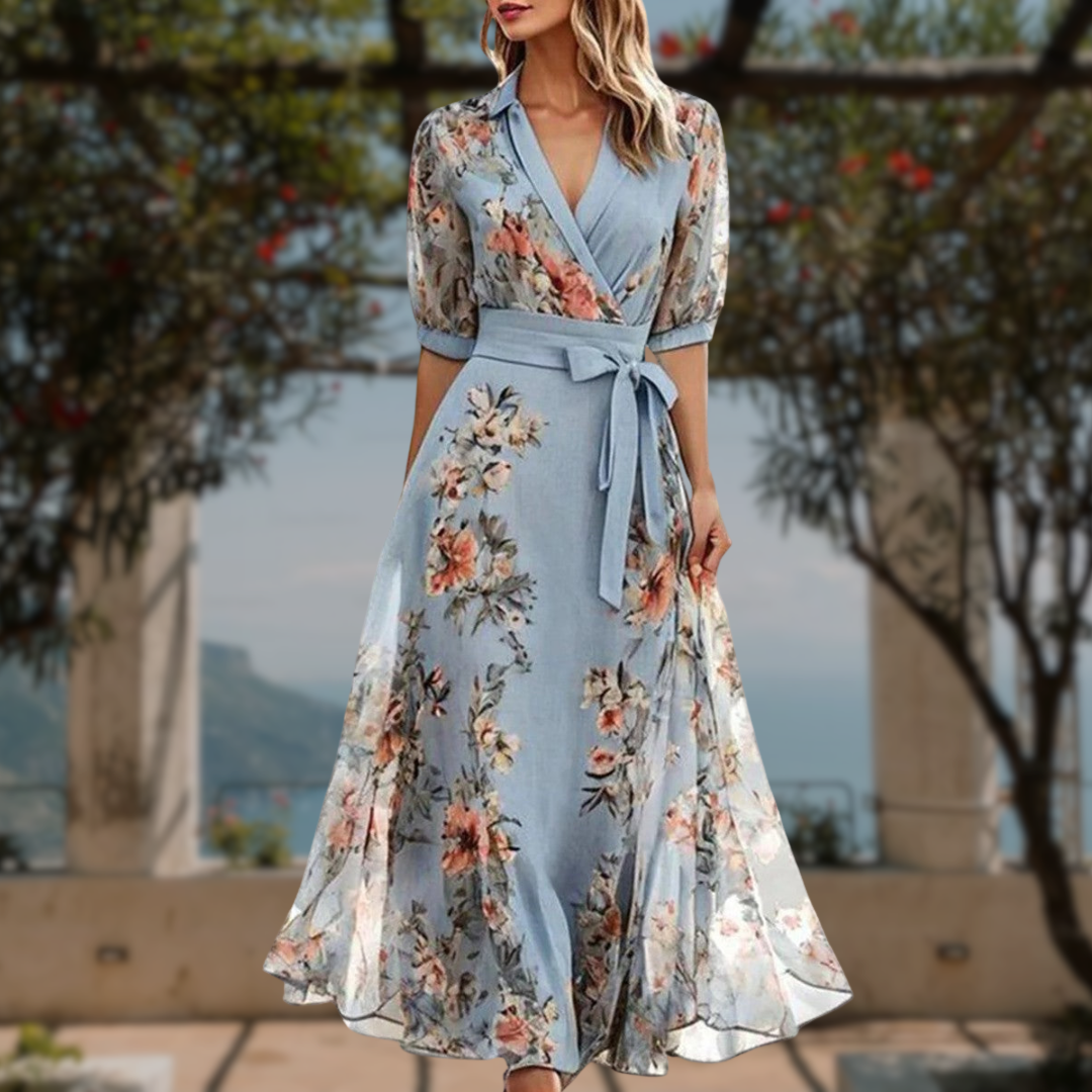 Robe longue invitée mariage fleurie portefeuille col V ceinturée manches 3/4