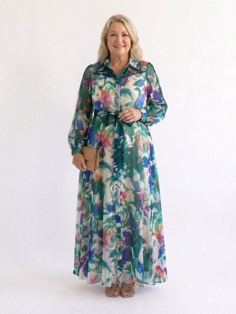 Robe longue femme imprimé floral col chemise manches longues ceinturée fluide chiffon