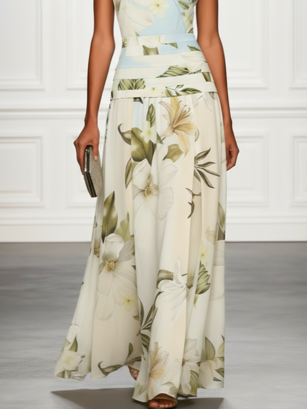Robe longue fleurie invitée mariage col bateau sans manches
