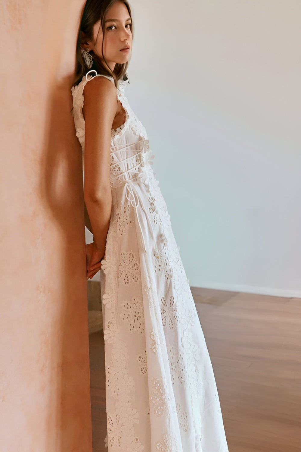 Robe longue femme broderie anglaise sans manches dos lacé cérémonie été