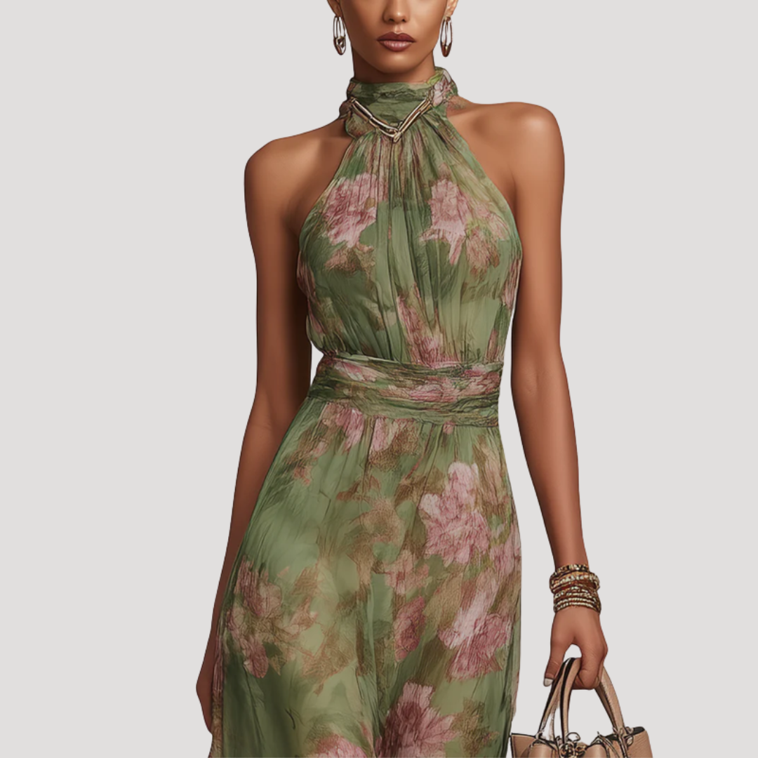 Robe longue invitée mariage fleurie dos nu col halter fluide