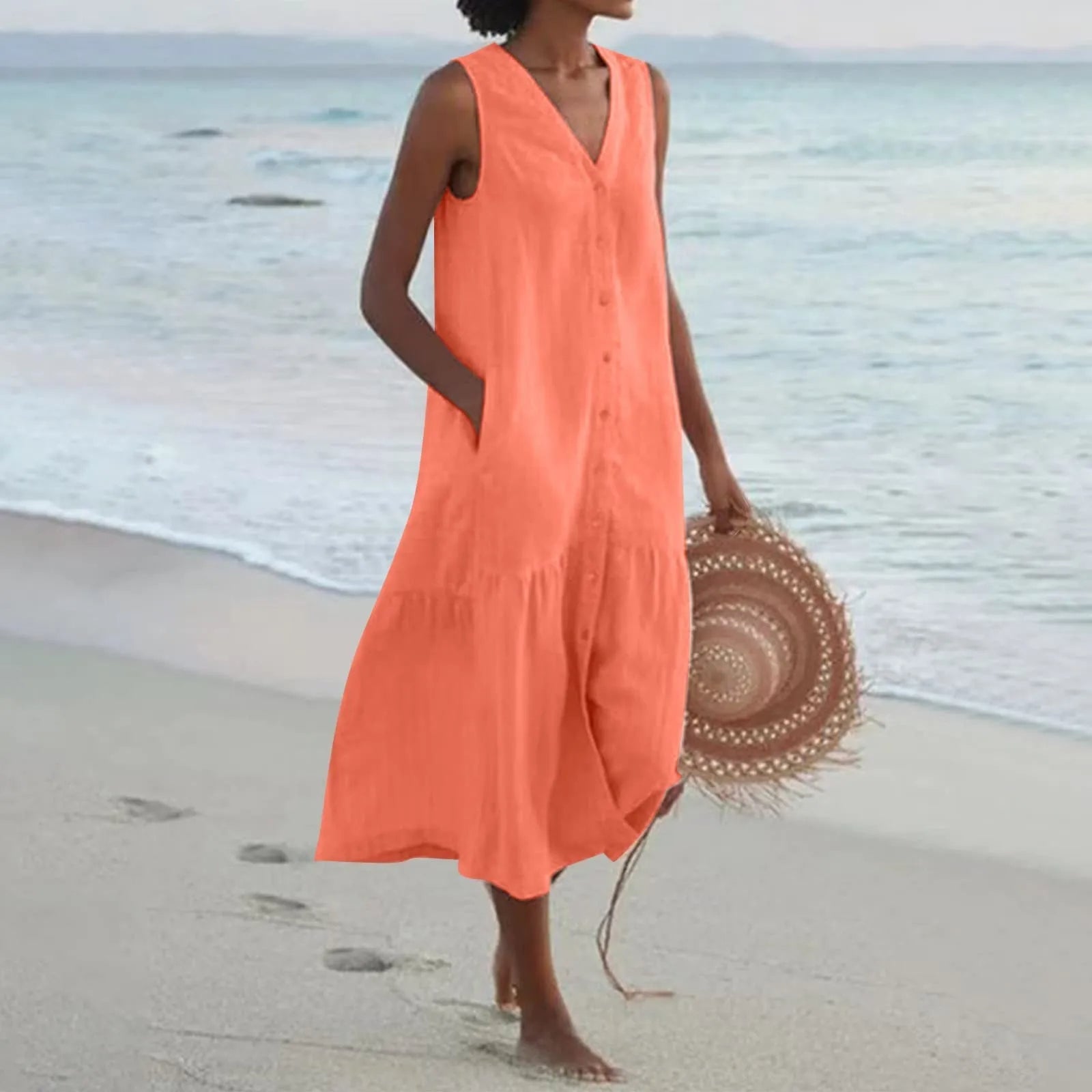 Robe midi femme col V sans manches boutonnée coupe ample poches