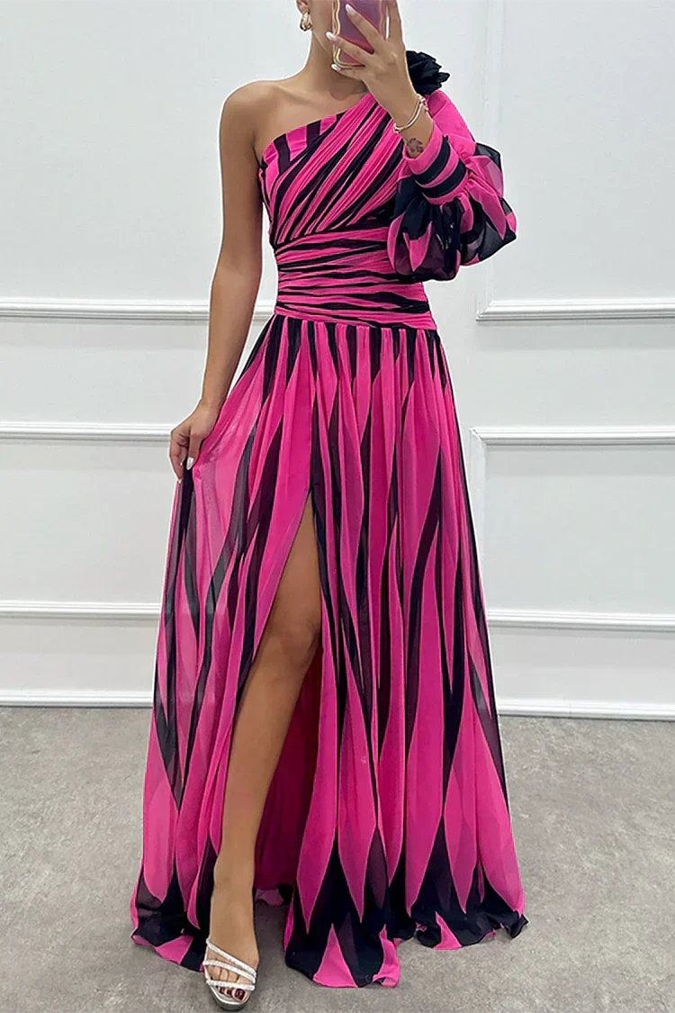 Robe longue invitée mariage asymétrique rayures fente manche bouffante