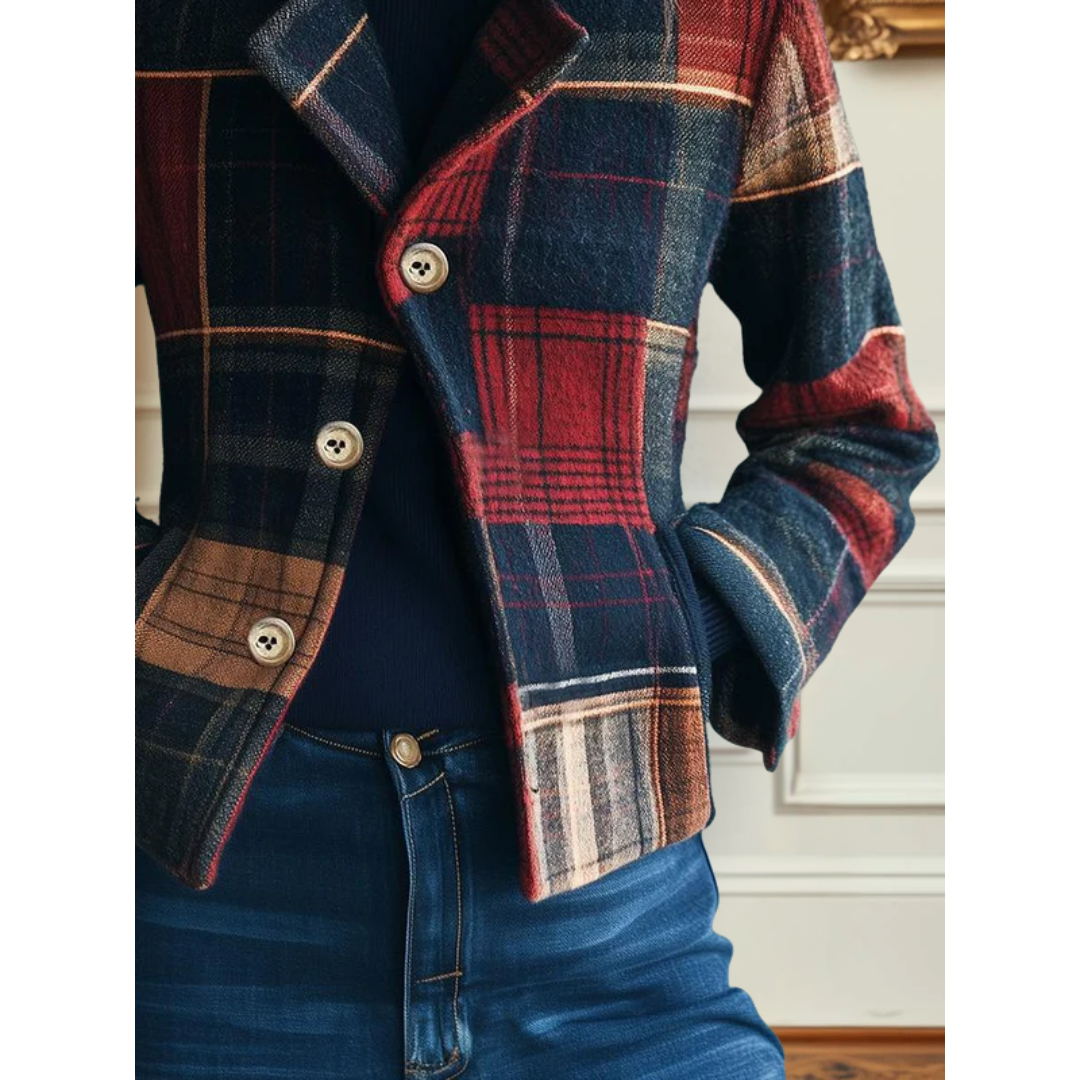 Veste femme carreaux boutonnée coupe cintrée col tailleur style casual chic