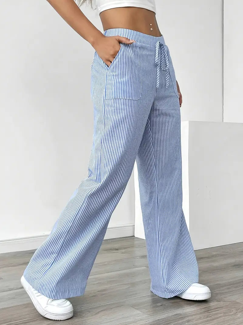 Pantalon large femme imprimé rayures taille élastique cordon poches fluide