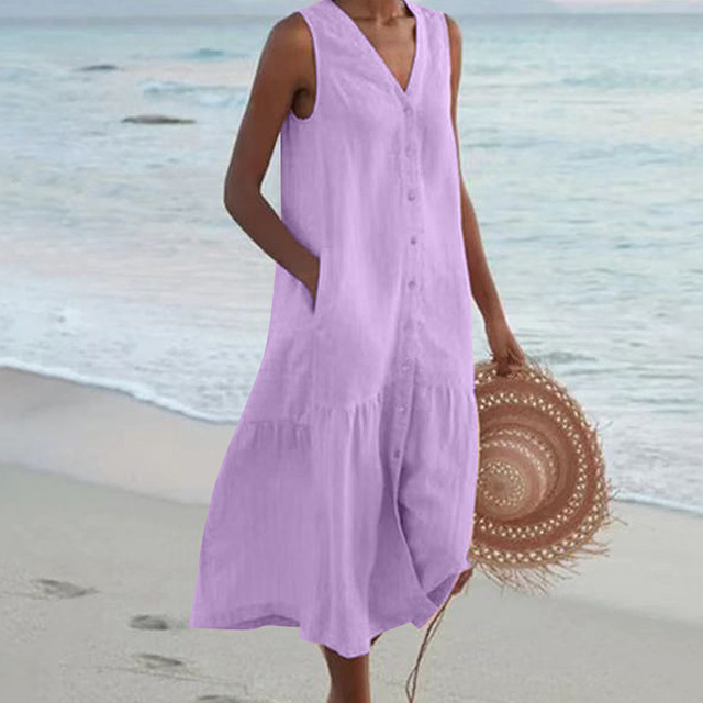 Robe midi femme en lin sans manches boutonnée volant bas coupe ample